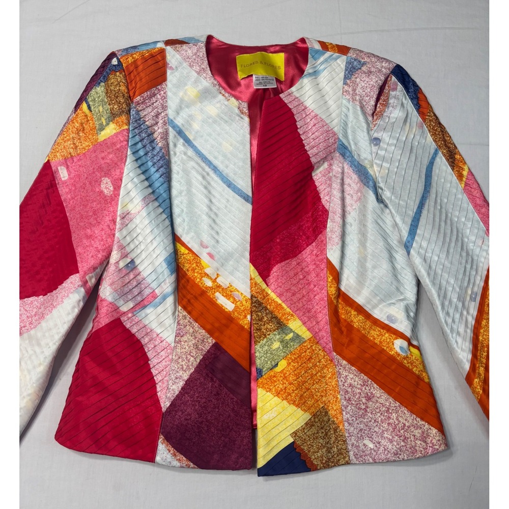 Flores & Flores Silk Patchwork Geometric Pleated Open Front Blazer Jacket pink10